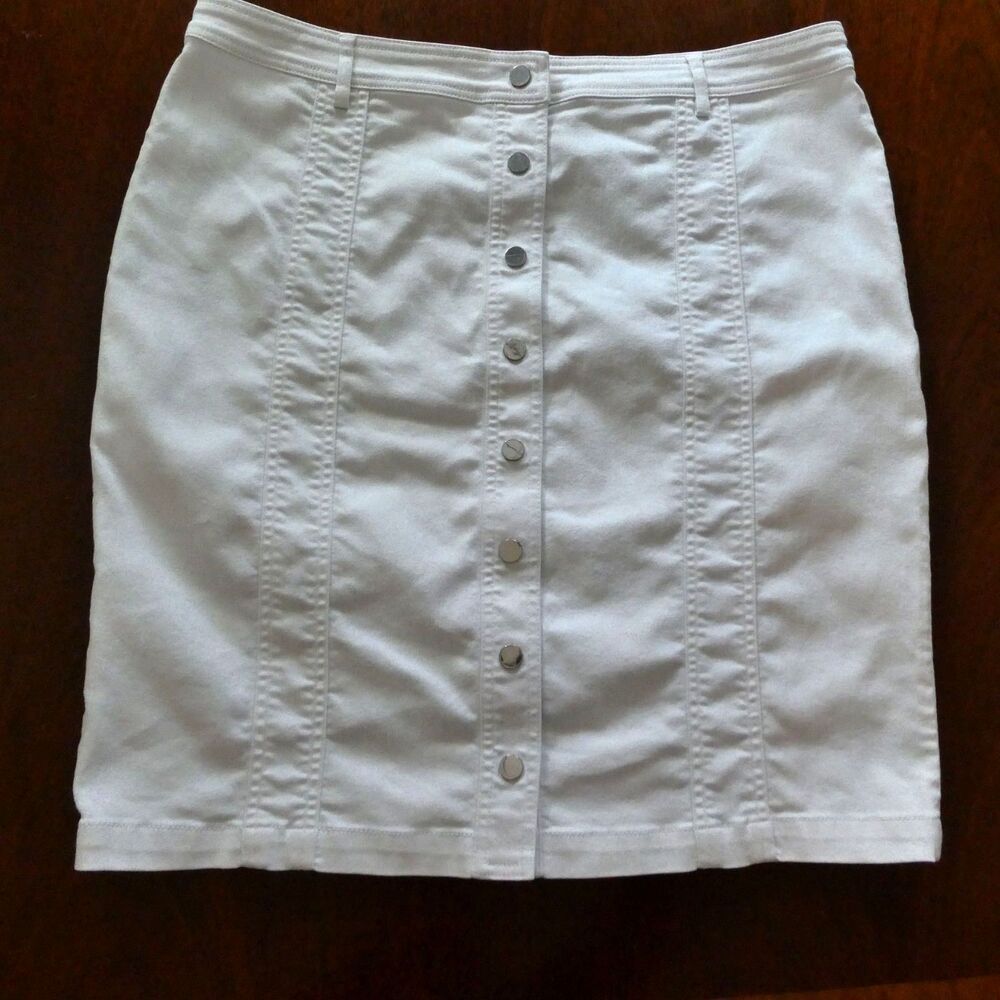 Doncaster White Denim Pencil Skirt Size 16 Silver Snap Front Stretch
